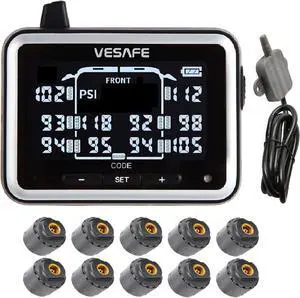 Wireless Tire Pressure Monitoring System for RV, Trailer, Coach, Motor Home, Fifth Wheel, Including 4 Anti-Theft sensors and a Signal Booster.