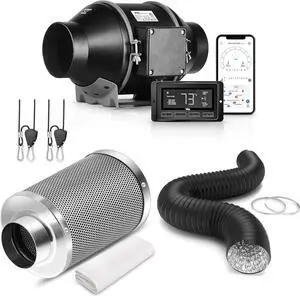 6 Inch Inline Duct Ventilation Smart Fan, Carbon Filter, 8 Feet Ducting and 1 Pair rope with Temperature Humidity App Control via WiFi, Voice Control with Alexa for Grow Tent, Black