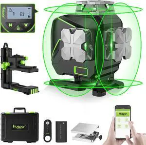 Laser Level 360 Self Leveling, 4x360° Green Cross Line Laser with LCD Screen, 4D Bluetooth Outdoor Pulse Mode Laser Tool for Construction -Remote Control, Li-ion Battery or 4 AA Batteries-S04CG