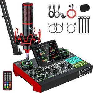 Equipment Bundle, tenlamp G10 USB Audio Interface with DJ Mixer and Sound Board, 48V XLR Condenser Microphone with Stand Boom Arm, Podcast Kit for Phone PC Live Streaming Recording