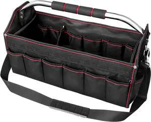 Foldable Open Top Tote Bag, 18-Inch 27 Pocket Tool Bag, Removable Shoulder Strap, Wide Mouth Heavy Duty Electrician Tool Bin for Tool Organization and Storage HT0020-TB