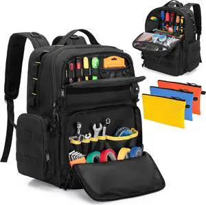 Tool Bag Backpack for Men with 3 Tool Pouches, Heavy-Duty Tool Storage Organizer Bag with Padded Shoulder & Waist Support, Tactical Work Tool Bag for Electrician, Repairman, HVAC Techs, Black