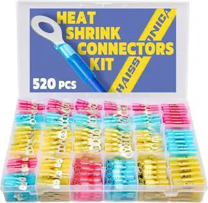 520PCS Marine Grade Heat Shrink Wire Connectors-Electrical Connectors Kit of Tinned Red Copper,16-14 22-16 12-10 Gauge Crimp Insulated Ring Fork Spade Butt Splices(3Colors/24Size)