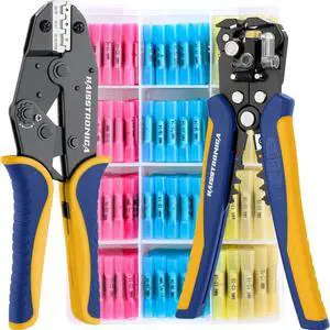 Crimping Tool For Heat Shrink Set with 200PCS AWG 22-10 Marine Grade Butt Connectors and Wire Stripper