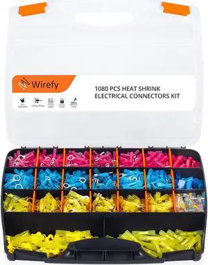 Heat Shrink Wire Connectors Kit - a Resistant Electrical Connectors - Automotive Butt Connectors - Insulated Ring, Spade, Fork, Hook, T-Tap Crimp Terminals - 22-10 Gauge - 1080 PCS