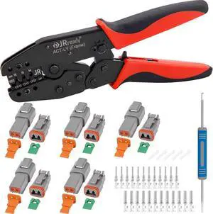 ST6339 DT Deutsch Connector Kit with Crimer(ACT-LY-16DT), 2 Pin Gray Waterproof DT Connector(5 sets), Size 16 Stamped Contacts 14-18AWG, Seal Plug. Automotive Electrical Connector