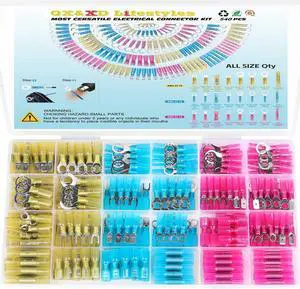 540PCS Heat Shrink Wire Connectors,Electrical Terminals Kit,Waterproof,Automotive Marine Electrical Terminals Kit,Ring Fork Hook Spade Butt Splices,Tinned Red Copper,22-16,22-16,22-16 (540pcs)