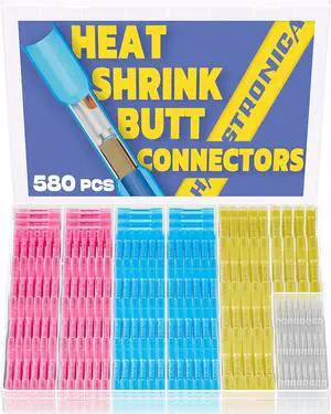 580PCS Heat Shrink Butt Connectors, AWG 26-10 Marine Grade Heat Shrink Wire Connectors,Tinned Red Copper Waterproof Wire Connectors(4Colors/4Sizes)