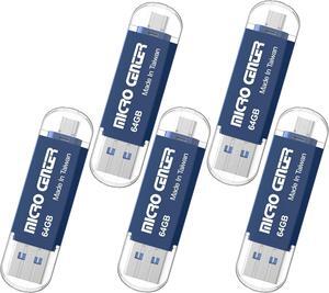 Micro Center Super Speed 5 Pack 64GB Type C and Type A 2-in-1 Dual USB 3.0 Flash Drive OTG USB Drives Thumb Drive Memory Storage Stick for Android Smartphone Computers MacBook Tablets PC, Blue