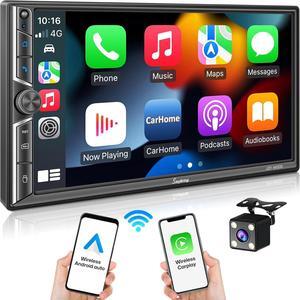 Double Din Car Radio with Wireless  CarPlay and Android Auto, Bluetooth 5.3 Car Play, Mirror Link, 7" HD Touchscreen, Backup Camera, 4.2-Channel Audio Output, AM/FM Car Stereo