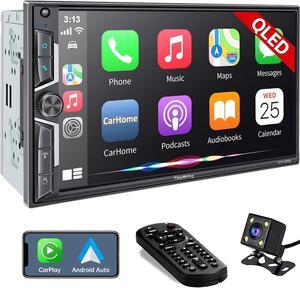 Wireless Double Din Car Stereo with Carplay, Android Auto, QLED Touchscreen, Bluetooth, 4-Channel RCA, 60W*4 High Power, Subwoofer, 7" Car Radio Receiver, Backup Camera