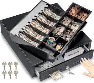 Manual Push Open Cash Register Drawer for Point of Sale (POS) System, Black Heavy Duty Till with 5 Bills/8 Coin Slots, Key Lock with Fully Removable Money Tray and Double Media Slots
