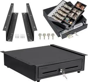 Cash Register Drawer with Under Counter Mounting Bracket - 16" Black Drawer for POS, 5 Bill 8 Coin Compartment, Fully Removable 2 Tier Cash Tray, 24V RJ11/RJ12 Key-Lock, Double Media Slot