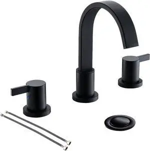 Matte Black Waterfall Widespread 8 Inch 3 Holes 2 Handles Bathroom Faucet with Copper Drain and Valve, WF40-1-MB