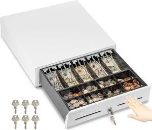 Push Open Cash Register Drawer for Point of Sale (POS) System, Partial Removable White Heavy Duty Till with 5 Bills/8 Coin Slots, Key Lock and Double Media Slots