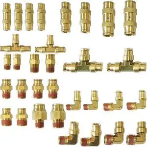Brass Push to Connect Fittings 1/4" Air Line Fittings Kit NPT Air Hose Fittings Air Brake Union Push in Fittings DOT Air Fittings Brass Union Transmission Fittings Parts Kit 34pcs