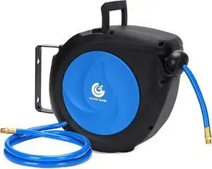 50ft x 3/8in Hybrid Polymer Hose Reel|Air Compressor Hose With 5in Lead in Brass Fittings | Wall Mount Reel 180°Swivel for Garage Workshop Ceiling & Wall | Max 300 PSI,Blue