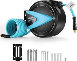Retractable Air Hose Reel 3/8" 42FT, Hybrid Air Compressor Hose Reel Ceiling/Wall Mount for Garage Workshop, Pneumatic Air Reel with Auto Rewind/Brass Fittings/Bend Restrictors/300PSI