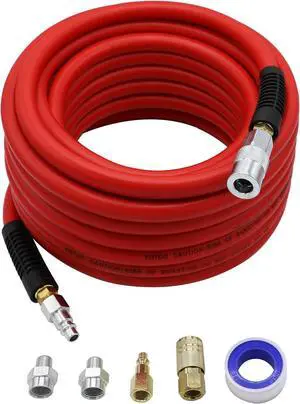 Air Hose 1/2 in. x 50 ft, 300 PSI Hybrid Air Compressor Hose, Heavy Duty, Lightweight, Kink Resistant, All-Weather Flexibility with Bend Restrictors, 3/8" and 1/4" Air Fittings Kit, Red