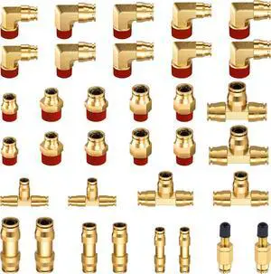 34 Pcs Brass DOT Air Brake Line Fittings Assortment 1/4" 3/8" 1/2" Air Line Quick Connect Fittings Push to Connect Air fittings Kit with NPT Thread for Semi Trucks or Industrial Air System