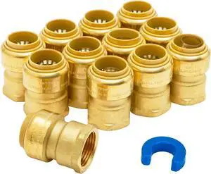3/4 Inch x 3/4 Inch FNPT Adapter, 3/4 Inch Female Adapter, No Lead Brass Push-to-Connect Plumbing Fittings to Connect PEX, Copper, CPVC, With A Disconnect Clip, Pack of 12
