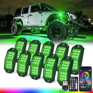 Rock Lights 10 Pods Wide Angle Bluetooth RGB LED Rocklights Kit, Multicolor Neon Lighting Footwell Underglow Kits w/Wireless Remote, Compatible Off-Road Trucks Cars UTV ATV SUV RZR