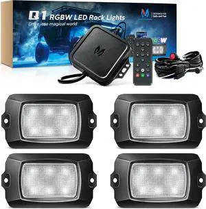 Q1 RGBW LED Rock Lights, 4 Pods Underglow Multicolor Neon Light w/Wiring Switch Kit, Bluetooth App Controller & Remote Control Flashing Music Mode Wheel Well Light for Truck ATV UTV RZR SUV