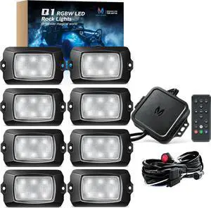 Q1 RGBW LED Rock Lights, 8 Pods Underglow Multicolor Neon Light w/Wiring Switch Kit, Bluetooth App Controller & Remote Control Flashing Music Mode Wheel Well Light for Truck ATV UTV RZR SUV