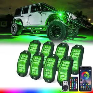 8 Pods Rock Lights Wide Angle Bluetooth RGB Rocklights, Multicolor Neon Lighting Footwell Underglow Kits w/Wireless Remote, Compatible Jeep UTV ATV SUV RZR Off-Road Trucks Cars Boats
