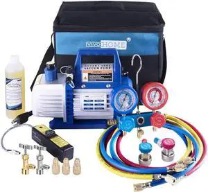 110V 1/34CFM Single Stage Rotary Vane Air Vacuum Pump and R134a AC Manifold Gauge Set Kit with Leak Detector Carry Bag for HVAC Air Conditioning Refrigeration Recharging ETL Listed