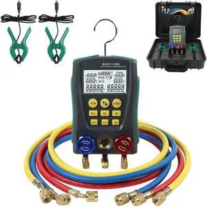Digital Manifold Gauge Set HVAC Dual-Channel Temp Sensor HVAC Tools for 89 Kind of Refrigerant Digital AC Gauges Vacuum Pressure&Temp Test Digital HVAC Gauges with Hoses Digital Refrigeration Gauge