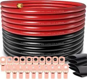40FT 1/0 Gauge Wire Copper Clad Aluminum CAA,20pcs Lugs Terminal Connectors with 3:1Heat Shrink Tube for Power/Auto,Amplifier,Ground Cable Trailer Wiring