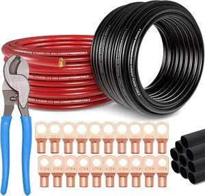 4 Gauge Wire (25ft Each - Red/Black) Copper Clad Aluminum CCA with Cable Cutter,Lugs Terminal Connectors and Heat Shrink Tube - Battery Power/Ground Cable,Car Audio Speaker,RV Trailer Amp Wiring kit