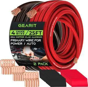 4 Gauge Wire, 15 Lugs, 20 Heat Shrink Wrap, for Automotive, Battery Cable, Amp Kit, Amp, CCA Wire, Wire, Amp Kit, Battery Cables, Amp Wiring Kit, (25 feet Each- Black/Red)