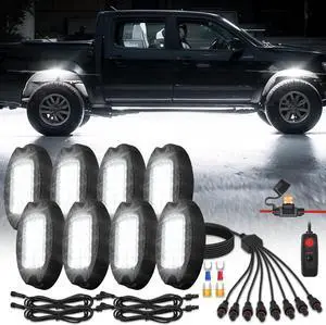 8Pods Metal Pure White LED Rock Lights Kit with Switch Wiring Harness, 6000K 24LEDs Neon Underglow Light Aluminum Waterproof Fender Lights for Trucks Trailer Jeep Off Road ATV UTV SUV