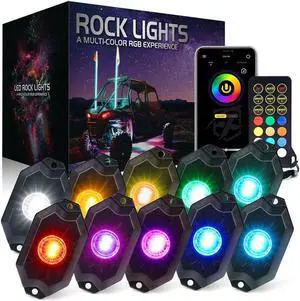 RGBW LED Rock Lights Kit with Bluetooth & Wireless Remote Controller, Multicolor Cars Underglow, Wheel, Footwell Neon Light Kits, for Off-Road UTV ATV Trucks SUV Motorcycle Boats - 10 Pods