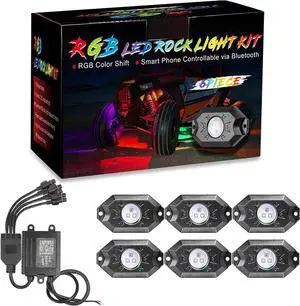 RGB Rock Light Kits, OFFROADTOWN RGB LED Rock Lights with 6 pods Lights Neon Trail Rig Lights Underglow Universal, Perfect for Polaris Can-Am Yamaha Honda Tundra
