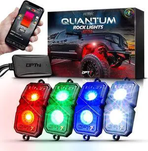 OPT7 Quantum Pro RGBW LED Rock Lights with Bluetooth APP and Remote Control, 4 Pods Wide Angle Multicolor Neon Underglow Lighting Kit with Extension Wire, IP68 Waterproof for Offroad Truck ATV UTV SUV