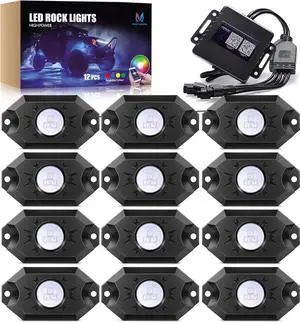 MICTUNING 2025 Upgraded CM RGB LED Rock Lights Kits - 12 Pods Multicolor Neon Light Waterproof Underglow Lighting Kit with APP Control & Flashing & Music Mode