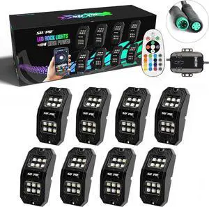 8 Pods 210 Degrees Wide Angle RGBW Rock Lights Phone App Voice Mode Music Mode Automatic Control Neon Light Kit Wheel Well Lights for Off Road Truck SUV ATV UTV Boat