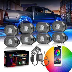 Auto 8 Pods RGB LED Rock Light Kits with Bluetooth Controller Waterproof Multicolor Neon LED Lights Underglow Trail Rig Lights for Trucks SUV ATV Boat Motorcycle Off Road