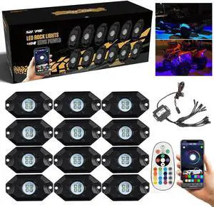 12 Pods High Power RGBW Rock Lights IP67 Waterproof Phone App Custom Colors Voice Mode Music Mode Neon Accent Wheel Well Lights for Off Road Truck SUV ATV UTV Boats