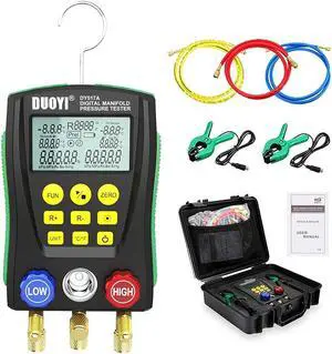 Digital Manifold Gauge Set for Air Conditioning/Refrigerator Digital Gauges HVAC with Double Pressure&Temp Test Manifold Digital, HVAC Gauges with Hose, Temperature Control Clip, Toolbox