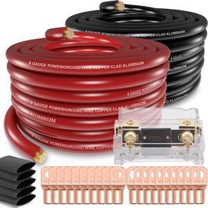 1/0 Gauge Wire (40ft) Copper Clad Aluminum CAA Car Amplifier Power Ground CableAutomotive Wire, Battery Cable, Car Audio Speaker Stereo with Lugs Terminal Connectors Heat Shrink Tube and Fuse Holder