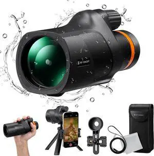 80x100 Monocular-Telescope for Adults IP68 Waterproof High Powered with Smartphone Adapter & Tripod, with BAK4 Prism and FMC Lens, for for Bird Watching Hunting Hiking Camping Travelling
