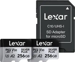 256GB (2-Pack) Professional Silver Plus microSDXC Memory Card w/SD Adapter, UHS-I, C10, U3, V30, Full-HD & 4K Video, Up to 205/150 MB/s Read/Write, for Videographers, Gamers (LMSSIPL256G-B2ANU)