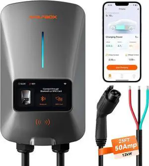 Level 2 EV Charger 50 Amp - Smart Display, RFID Card, 25ft Cable, Outdoor/Indoor, Hardwired EV Charger Level 2, WiFi Enabled Electric Car Charger, 240V Electric Vehicle Charging Stations