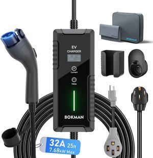 Portable Level 2 EV Charger (240V, 32A) with 25ft Charging Cable and NEMA 14-50 for SAE-J1772 Electric Vehicles Current Adjustable and Reservation Charging Function (NOT for Tesla)