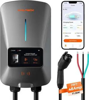 Level 2 EV Charger 48 Amp - Smart Display, RFID Card, 25ft Cable, Outdoor/Indoor, Hardwired EV Charger Level 2, WiFi Enabled Electric Car Charger, 240V Electric Vehicle Charging Stations