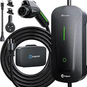 Fiber Level 1+2 EV Charger (16Amp, 110V-240V, 25ft Cable) Portable Fast Charger with Holder, NEMA 6-20P, Works with All J1772 EV and Hybrid Vehicles, for Home and Outdoor, Black, Ecogenix EC23